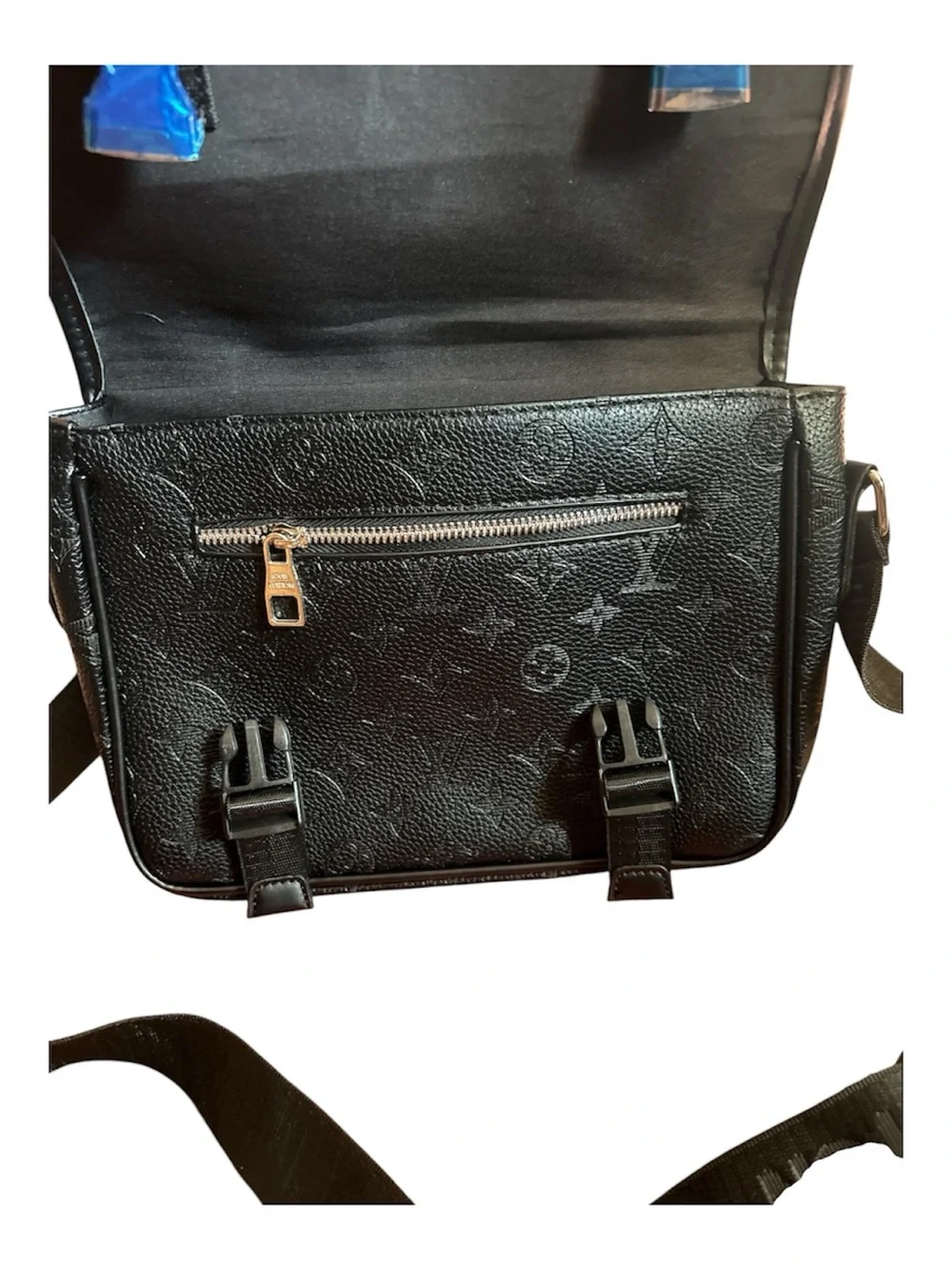 Black Embossed Monogram Messenger Bag with Strap Pouch